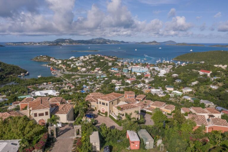An arial view of The Hills St. John and the surrounding area leading down to Cruz Bay.