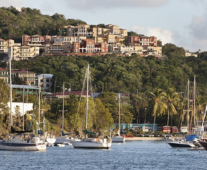 View of Cruz Bay harbor and hillside villas at The Hills St. John USVI