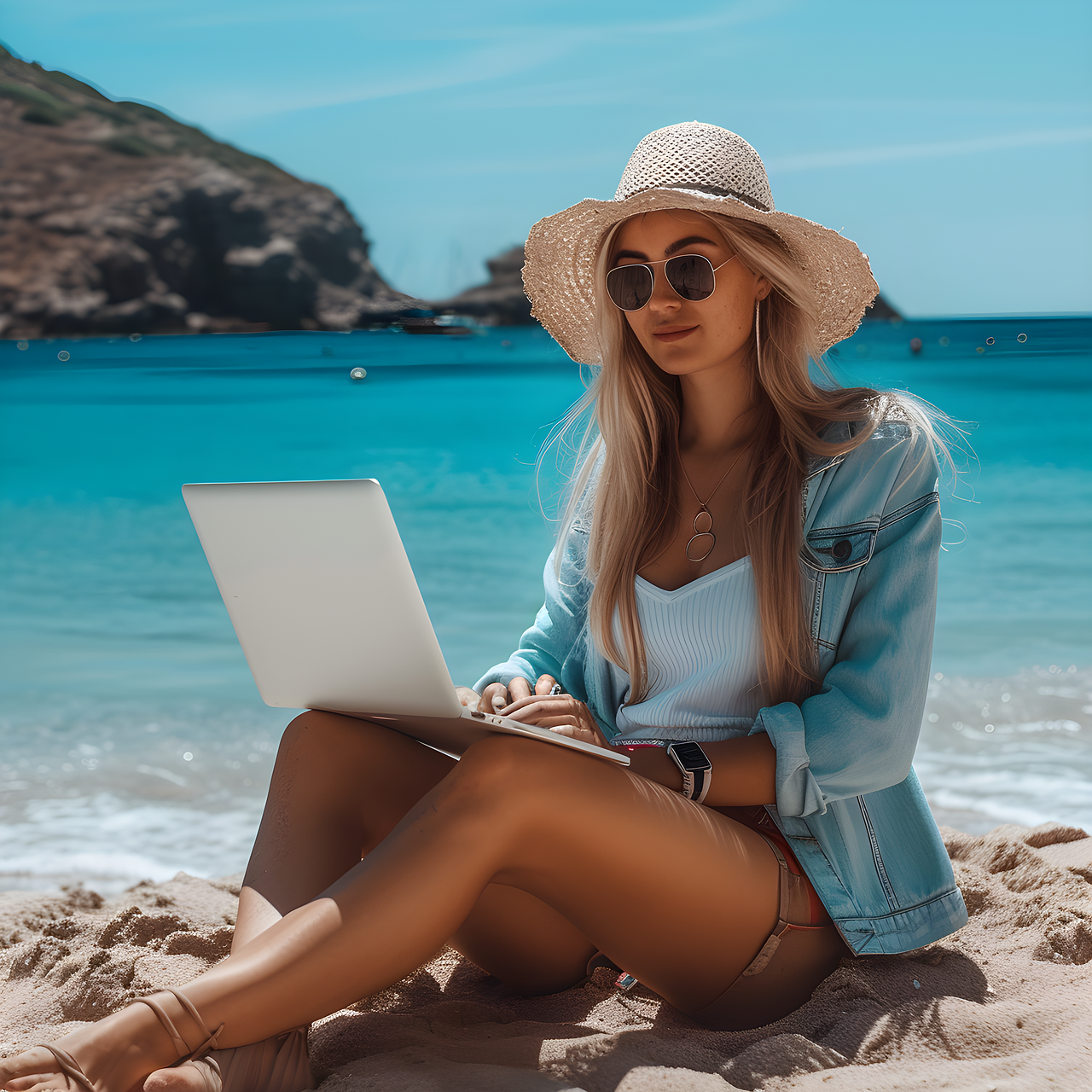 A young woman working on a travel blog on her laptop while sitting in the sand on a St. John beach.
