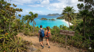 A couple hiking Lind Point Trail in the Virgin Island National Park on St. John, USVI.