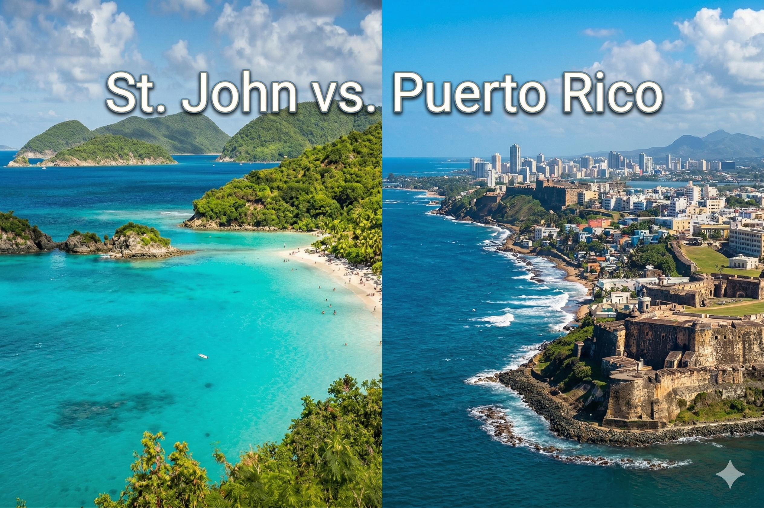 side-by-side images of a clean St. John beach next to a Puerto Rico beach that is connected to a major city.