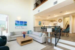 The spacious interior living and eating area suitable for large groups at Gardenia Villa at The Hills St. John.
