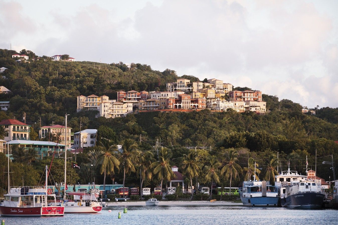 Cruz Bay harbor and hillside view on St. John, U.S. Virgin Islands